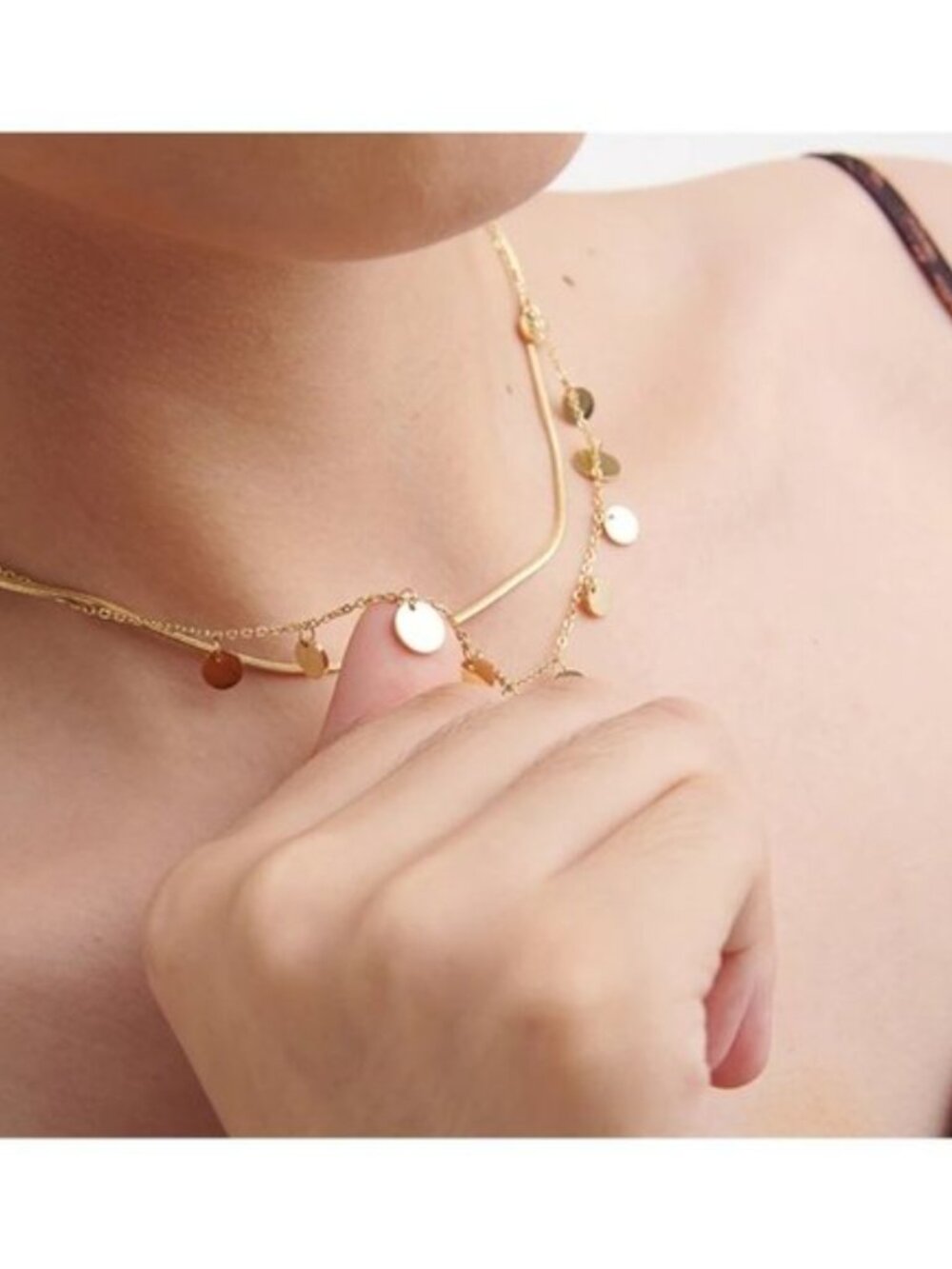 New 18K Gold Plated Coin Drop Double Layer Herringbone Necklace - Picture 2 of 7